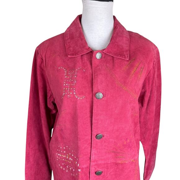 Look East Red Asian Geisha 100% Leather Collared Long Sleeve Button Down Jacket - Picture 4 of 11